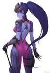  absurdres ass backless_outfit blue_hair bodysuit breasts cartridge earrings gloves gun highres jewelry lips long_hair looking_at_viewer looking_back medium_breasts overwatch ponytail purple_skin rifle simple_background solo unsomnus weapon white_background widowmaker_(overwatch) yellow_eyes 