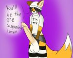  2017 anthro balls big_balls big_penis black_nose canine clothed clothing digital_media_(artwork) english_text erection fox fur girly hair huge_penis humanoid_penis hyper hyper_penis legwear looking_at_viewer male mammal orange_fur penis purple_eyes rifykoh simple_background skirt smile solo standing text tongue underwear white_fur 