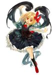  :d blonde_hair collared_shirt darkness frilled_skirt frills full_body hair_ornament hair_ribbon highres konabetate loafers long_sleeves looking_at_viewer looking_up neck_ribbon open_mouth outstretched_arms red_eyes red_footwear ribbon rumia sanpaku shirt shoes short_hair simple_background skirt skirt_set sleeveless sleeveless_shirt smile socks solo touhou white_background 