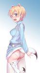  animal_ears ass blonde_hair blue_eyes blush brave_witches breasts covered_nipples ermine ermine_ears gradient gradient_background highres konnyaku_(kk-monmon) looking_back medium_breasts nikka_edvardine_katajainen open_mouth panties pantyhose pantyhose_pull short_hair solo sweater tail turtleneck turtleneck_sweater underwear weasel_tail white_legwear white_panties world_witches_series 