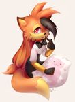  anthro canine clothed clothing coff female fox fur hair looking_at_viewer mammal pillow simple_background solo tongue tongue_out 