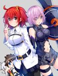  3girls :d ahoge armor armored_dress armpit_peek ascot bangs bare_shoulders black_hair black_legwear black_skirt blue_gloves blush breasts command_spell commentary_request cowboy_shot elbow_gloves eyes_visible_through_hair fate/grand_order fate_(series) fujimaru_ritsuka_(female) fujimaru_ritsuka_(male) gloves hair_ornament hair_over_one_eye hair_scrunchie highres ishimu large_breasts lavender_eyes lavender_hair long_sleeves looking_at_viewer mash_kyrielight medium_breasts multiple_girls navel olga_marie_animusphere open_mouth orange_scrunchie pantyhose parted_lips red_hair riyo_(lyomsnpmp)_(style) scrunchie shield shirt side_ponytail skirt smile thighhighs white_hair white_shirt yellow_eyes 