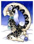  2017 anthro blue_hair breasts feline female hair leopard looking_back mammal michele_light mostly_nude nipples scarf snow snow_leopard solo 