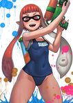  breasts covered_navel covered_nipples domino_mask fangs ink_tank_(splatoon) inkling lasterk long_hair looking_at_viewer mask open_mouth paint_splatter paint_stains pointy_ears red_eyes red_hair school_swimsuit small_breasts smile solo splatoon_(series) splatoon_1 super_soaker swimsuit tentacle_hair 