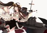  ahoge bare_shoulders black_footwear black_hair black_legwear boots brown_hair camel000 commentary_request detached_sleeves double_bun hair_ornament hairband haruna_(kantai_collection) headgear japanese_clothes kantai_collection kongou_(kantai_collection) long_hair looking_at_another machinery multiple_girls nontraditional_miko remodel_(kantai_collection) ribbon-trimmed_sleeves ribbon_trim rigging simple_background skirt smile smokestack straight_hair thigh_boots thighhighs turret weapon white_background wide_sleeves yuri 