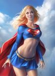  belt blonde_hair blue_eyes blue_sky cape cloud crop_top day dc_comics midriff miniskirt navel skirt sky smile solo supergirl superhero superman_(series) warren_louw 