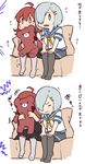  2koma ahoge arashi_(kantai_collection) betchan black_legwear blue_eyes closed_eyes comic commentary_request couch covering_face grey_hair hair_between_eyes hair_ornament hair_over_one_eye hairclip hamakaze_(kantai_collection) highres kantai_collection multiple_girls neckerchief on_couch pantyhose purple_eyes red_eyes sailor_collar school_uniform serafuku sitting stuffed_animal stuffed_toy teddy_bear translated white_background white_legwear 