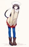  animal_hat asahikawa_hiyori backpack bag bangs beige_background blue_legwear boots brown_eyes brown_footwear brown_hair cat_girl cat_hat cat_tail closed_mouth duffel_coat eyebrows_visible_through_hair full_body hair_between_eyes hands_in_pockets hat leaning_forward looking_at_viewer original pantyhose plaid plaid_skirt pleated_skirt red_skirt short_hair skirt solo standing tail 