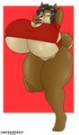  2016 4_toes 5_toes alpha_channel anthro anthrofied big_breasts black_hair breasts brown_eyes brown_fur canine clothing day-tripper-guy dog female fur hair hi_res huge_breasts inflation looking_at_viewer mammal red_background simple_background solo text toes transparent_background 