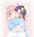  ;) ^_^ akeyama apron arms_around_neck beret black_hair blue_dress blush bow closed_eyes closed_mouth dress eyebrows_visible_through_hair hair_bow hakuisei_aijou_isonshou hands_on_another's_back hat heart hug multiple_girls nurse one_eye_closed oosachi_asuka oosachi_nao pink_background pink_eyes pink_hair profile puffy_short_sleeves puffy_sleeves short_sleeves short_twintails siblings sideways_mouth sisters smile star striped striped_dress twintails white_hat yellow_bow yuri 