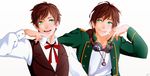  :d axis_powers_hetalia bangs brown_hair cigarette closed_mouth dress_shirt green_eyes grin headphones highres jacket long_sleeves looking_at_another male_focus multiple_boys open_clothes open_jacket open_mouth ponytail portugal_(hetalia) shirt simple_background smile spain_(hetalia) swept_bangs trombonelove upper_body waistcoat white_background white_shirt 