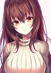  alternate_costume arms_at_sides artist_name bangs beige_background blush breasts brown_hair closed_mouth commentary_request eyebrows_visible_through_hair fate/grand_order fate_(series) hair_between_eyes highres kouyafu large_breasts light_smile long_hair looking_at_viewer ribbed_sweater scathach_(fate)_(all) scathach_(fate/grand_order) signature simple_background solo sweater turtleneck upper_body 