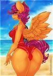  2017 absurd_res aged_up anthro anthrofied beach blush butt clothing digital_media_(artwork) dimwitdog equine feathered_wings feathers female friendship_is_magic hair hi_res mammal my_little_pony orange_feathers outside patreon pegasus purple_hair scootaloo_(mlp) seaside solo swimsuit tagme tongue tongue_out towel water wings 