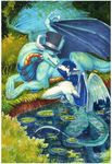  anthro arucarrd dragon duo feral hat horn male nude outside scarf smile traditional_media_(artwork) wings 