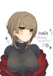  2016 artist_name bangs blush breasts brown_hair commentary_request eyebrows_visible_through_hair highres large_breasts looking_to_the_side original pursed_lips ribbed_sweater shikino_yuki short_hair_with_long_locks signature simple_background solo sweater thank_you white_background yellow_eyes 