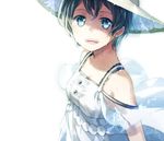  asahikawa_hiyori blue_eyes breasts collarbone commentary_request dress grey_hair hat medium_breasts open_mouth original short_hair simple_background smile solo sun_hat sundress sweat teeth upper_body white_background white_dress 