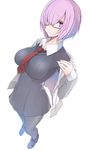  breasts bun_(hiyokomame) fate/grand_order fate_(series) full_body hair_over_one_eye light_smile looking_at_viewer mash_kyrielight medium_breasts necktie pantyhose purple_eyes purple_hair short_hair simple_background skirt solo white_background 