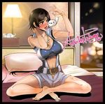  artist_name asukatology bad_id bad_pixiv_id belt blue_bra blush bra breasts brown_eyes brown_hair center_opening cleavage crossed_legs jewelry jumpsuit kazama_asuka large_breasts necklace on_bed short_hair sports_bra taut_clothes tekken tongue tongue_out underwear unzipped window 