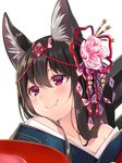  alcohol animal_ears bad_id bad_twitter_id bangs black_hair blush close-up collarbone commentary_request cup eyebrows_visible_through_hair fang_out flower fox_ears fox_girl hair_between_eyes hair_flower hair_ornament japanese_clothes jiiwara kanzashi kimono kimono_pull long_hair looking_to_the_side original pink_flower red_eyes sakazuki sake simple_background smile solo upper_body white_background 