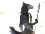  anthro arucarrd canine clothed clothing male mammal melee_weapon polearm simple_background solo spear standing weapon 