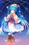  absurdres bad_id bad_pixiv_id bangs baocaizi blue_eyes blue_hair boots brown_footwear capelet closed_mouth copyright_name diamond_(shape) frown full_body fur_trim hair_between_eyes hatsune_miku highres knees_up knit_hat layered_skirt long_hair long_sleeves looking_at_viewer pantyhose ribbed_sweater sitting solo sweater taito_four_seasons_figure_(vocaloid) twintails very_long_hair vocaloid white_legwear winter_clothes 