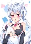  animal_ears bare_shoulders breasts chestnut_mouth cleavage collar detached_sleeves gem hair_rings holding_own_tail large_breasts long_hair looking_at_viewer matoi_(pso2) milkpanda phantasy_star phantasy_star_online_2 red_eyes silver_hair solo tail twintails 