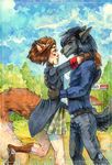  animal_humanoid anthro arucarrd canine clothed clothing duo female fox fox_humanoid fur hair hug humanoid male male/female mammal outside smile standing 