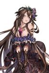  bare_shoulders between_breasts box breasts brown_hair cleavage dress elbow_gloves flower frills gift gift_between_breasts gift_box gloves granblue_fantasy hair_flower hair_ornament hands_clasped interlocked_fingers jewelry large_breasts long_hair looking_at_viewer minaba_hideo official_art one_eye_closed own_hands_together parted_lips rosetta_(granblue_fantasy) smile solo transparent_background 