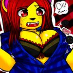  2017 animatronic anthro bear blue_shirt bra button_(disambiguation) checkered_shirt clothed clothing datfurrydude five_nights_at_freddy&#039;s five_nights_at_freddy&#039;s_4 fredbear_(fnaf) fur hair hi_res machine mammal open_mouth red_e-yes red_hair robot slightly_chubby solo speech_bubble tongue underwear video_games yellow_fur 