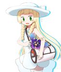  bag blonde_hair braid cosmog dress duffel_bag fang gen_7_pokemon green_eyes hat lillie_(pokemon) long_hair open_mouth pokemon pokemon_(creature) pokemon_(game) pokemon_sm see-through simple_background sleeveless sleeveless_dress sun_hat tamute_(2580rs) twin_braids white_background white_dress white_hat 