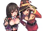  :d bare_shoulders belt between_breasts black_belt black_hair black_legwear blush braid breasts brown_hair cleavage collar flat_chest h_kasei hand_on_hip hat kono_subarashii_sekai_ni_shukufuku_wo! large_breasts long_hair looking_at_viewer megumin multiple_girls necktie necktie_between_breasts open_mouth red_eyes simple_background single_thighhigh smile teeth thighhighs v w white_background witch_hat yunyun_(konosuba) 