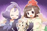  acerola_(pokemon) beanie black_eyes black_hair closed_eyes dress elite_four fang gen_7_pokemon hair_ornament half_updo hat mimikyu mizuki_(pokemon) multicolored multicolored_clothes multicolored_dress multiple_girls open_mouth pokemon pokemon_(creature) pokemon_(game) pokemon_sm purple_hair red_hat shirt short_hair short_sleeves stitches tamute_(2580rs) tied_shirt trial_captain 