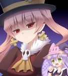  :d akeyama animal_hat blood bunny_hat clenched_hands closed_mouth cross cross_earrings dolce_(rune_factory) earrings eyebrows_visible_through_hair frown fur_collar gradient gradient_background green_eyes hair_between_eyes hat head_tilt jewelry long_hair looking_at_viewer multiple_girls nosebleed open_mouth pico_(rune_factory) pink_hair pointy_ears purple_hair red_eyes rune_factory rune_factory_4 shaded_face smile sparkle sparkling_eyes top_hat tsurime twintails v-shaped_eyebrows whiskers |_| 