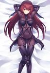  arms_behind_head bangs bed_sheet black_legwear black_panties blush bodysuit breasts brown_hair closed_mouth commentary_request covered_navel eyebrows_visible_through_hair fate/grand_order fate_(series) hair_between_eyes highres kurifuto large_breasts long_hair looking_at_viewer lying on_back panties red_eyes scathach_(fate)_(all) scathach_(fate/grand_order) smile solo thighhighs underwear veil 