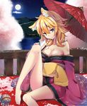  animal_ears bangs bare_shoulders blonde_hair breasts brown_eyes cleavage collarbone eyebrows_visible_through_hair full_moon hair_between_eyes holding holding_umbrella japanese_clothes jiiwara kimono kimono_pull large_breasts long_legs looking_at_viewer moon night night_sky oriental_umbrella original parted_lips porch purple_kimono sash sitting sky solo umbrella 