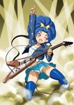  ;d arm_up blue_eyes blue_hair bow cable cropped_jacket electric_guitar fang full_body guitar hair_bow highres instrument kirakira_precure_a_la_mode long_hair looking_at_viewer miniskirt one_eye_closed one_knee open_mouth panties pointing pointing_up precure shimotsuki_juugo shoes skirt smile smoke solo tategami_aoi thighhighs underwear v-shaped_eyebrows 