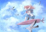  bird blue_eyes blue_hair blue_sky cloud cloudy_sky day flip_flappers flock flying highres hikari_niji hug kokomine_cocona long_hair multiple_girls open_mouth papika_(flip_flappers) red_eyes red_hair sky 