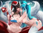  2girls ahri animal_ears areolae ass ass_grab black_hair blue_eyes blue_hair blush breasts brown_eyes christmas cup fox_ears fox_tail highres kiss large_breasts league_of_legends long_hair multiple_girls navel nipples nude pussy sakimichan santa_hat sona_buvelle tail thighhighs tongue tongue_out uncensored very_long_hair yuri 