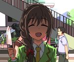  ^_^ ^o^ braid brown_hair closed_eyes commentary_request day eyebrows_visible_through_hair hair_over_shoulder holding holding_knife idolmaster idolmaster_cinderella_girls knife long_hair open_mouth outdoors porinkii scrunchie senkawa_chihiro single_braid smile solo_focus yandere 