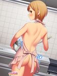  aida_takanobu amagamido apron ass bare_back blush bowl breasts brown_hair chopsticks dutch_angle from_behind highres indoors kitchen looking_at_viewer looking_back medium_breasts naked_apron nanase-chan_ntr! nanase_(amagamido) red_eyes short_hair sideboob solo 