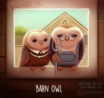  american_gothic avian barn barn_owl bird building clothing cryptid-creations dress english_text feathered_wings feathers female humor male owl parody pitchfork pun spectacles text visual_pun window wings 