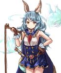  animal_ears armpits bangs baram bare_shoulders belt blue_hair blue_skirt breasts brown_eyes brown_gloves cape commentary_request cowboy_shot erune ferry_(granblue_fantasy) gloves granblue_fantasy hand_on_hip high-waist_skirt long_hair looking_at_viewer neck_ribbon parted_lips ribbon sideboob skirt sleeveless small_breasts solo swept_bangs triangle_mouth wavy_hair whip 