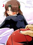  1girl artist_name ass_grab black_shirt blush breasts brown_eyes brown_hair chiyoda_(kantai_collection) headband hisame_genta kantai_collection looking_back lying medium_breasts on_stomach open_mouth red_skirt shirt signature skirt solo_focus sweat twitter_username 