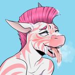  2016 ahegao anthro blue_background blue_eyes crying cum cum_in_hair cum_on_ear cum_on_face cum_on_tongue digital_media_(artwork) ehbear equine fur hair looking_pleasured male mammal mohawk nude open_mouth pink_fur pink_hair simple_background smile solo stripes sweat tears teeth tongue tongue_out white_fur zebra 