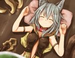  ^_^ animal_ears bangs baram blush breasts cape closed_eyes closed_mouth collar commentary_request erune granblue_fantasy long_hair lying on_back pillow sen_(granblue_fantasy) silver_hair sleeping sleeveless small_breasts smile solo upper_body 