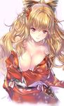 artist_name bangs blonde_hair blush bow bowtie breasts cleavage crossed_arms eyebrows_visible_through_hair granblue_fantasy hair_ornament japanese_clothes kimono kimono_pull large_breasts long_hair looking_at_viewer min-naraken obi open_mouth red_eyes red_kimono sash signature simple_background smile solo vira_lilie white_background 