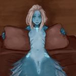  2018 anus bed blue_eyes blue_skin female hair looking_at_viewer lying marine merfolk midriff navel nude on_back on_bed pussy solo syvaron webbed_hands white_hair 