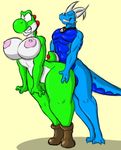  2016 anthro areola big_breasts big_butt big_penis blue_scales breasts butt camera clenched_teeth clothing digital_drawing_(artwork) digital_media_(artwork) dragon duo erect_nipples erection eyes_closed fan_character female footwear from_behind_position green_skin grin hand_on_butt horn huge_breasts male male/female mario_bros nintendo nipples nude penetration penis scales scalie sex shinysteel shoes simple_background smile teeth video_games voluptuous wide_hips yoshi 