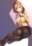  black_legwear black_skirt blush breasts brown_hair cardigan closed_mouth commentary_request feet fingers_together foreshortening full_body kunikida_hanamaru large_breasts long_hair long_sleeves looking_at_viewer love_live! love_live!_sunshine!! miniskirt nanao_(mahaya) no_shoes panties panties_under_pantyhose pantyhose school_uniform serafuku sitting skirt smile soles solo steepled_fingers toes underwear uranohoshi_school_uniform yellow_eyes 