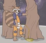  anthro balls barefoot blueballs clothed clothing erection faceless_character flat_colors front-view frown groot guardians_of_the_galaxy holding_penis humanoid_penis mammal marvel navel open_mouth pants_down partially_clothed partially_retracted_foreskin peeing penis raccoon rocket_raccoon size_difference standing uncut urine 